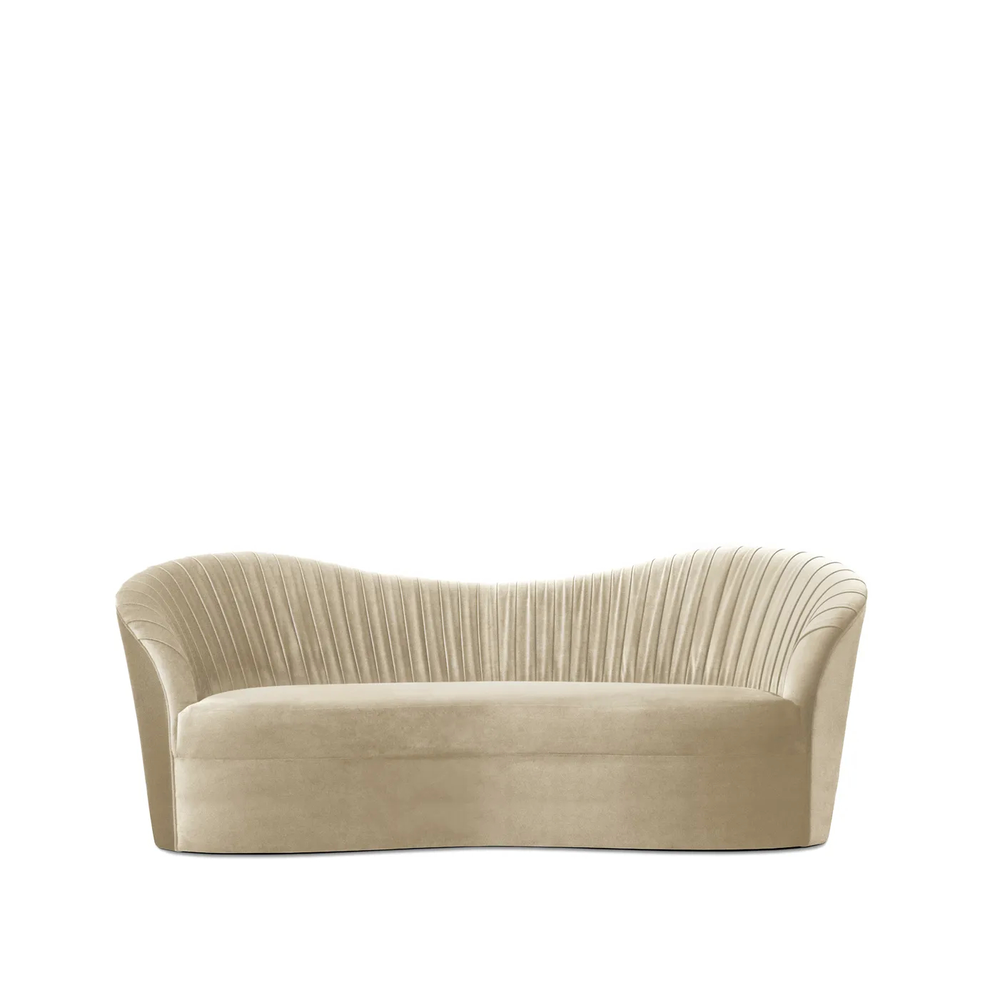 Kelly Sofa: A chic, curved sofa in a warm beige tone, featuring elegant vertical channel tufting on the backrest.