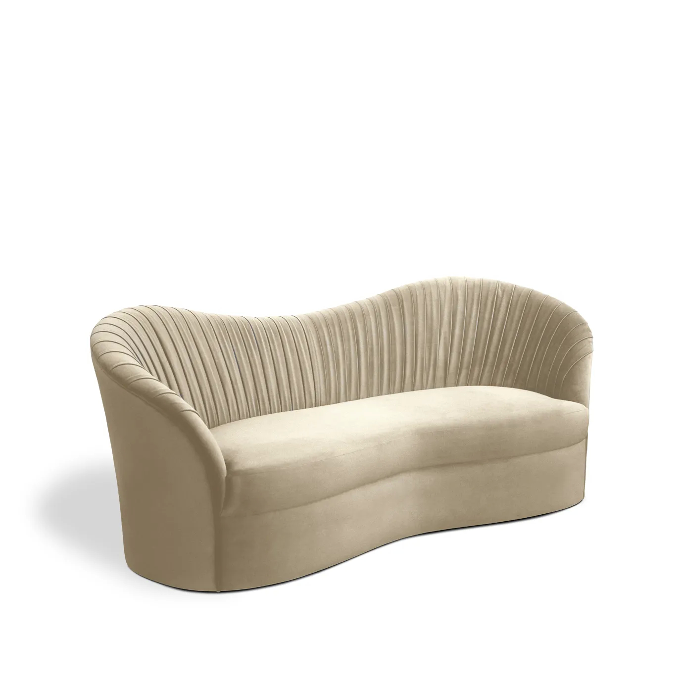 Kelly Sofa: A stylish, curved sofa in a warm beige tone, featuring elegant vertical channel tufting on the backrest.