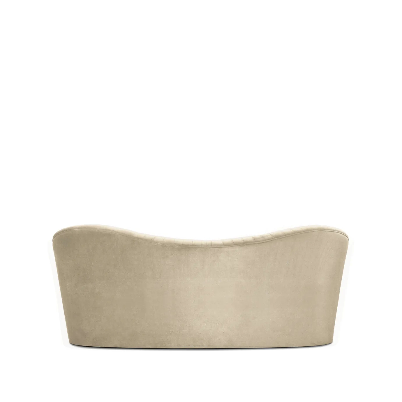 Kelly Sofa, back view: The smooth, curved back of the warm beige sofa is presented in this straightforward shot.