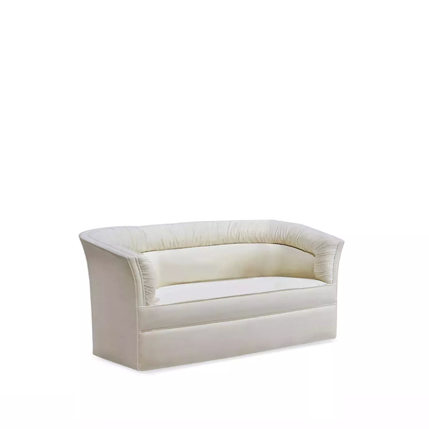 Lovely Sofa, angled view: This light-colored sofa features elegant vertical channel tufting on the backrest and arms.