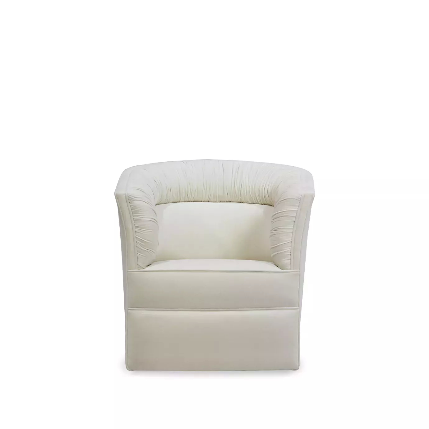 Lovely Armchair, front view: A stylish, curved armchair in a light cream color with unique vertical channel detailing on the back and arms.