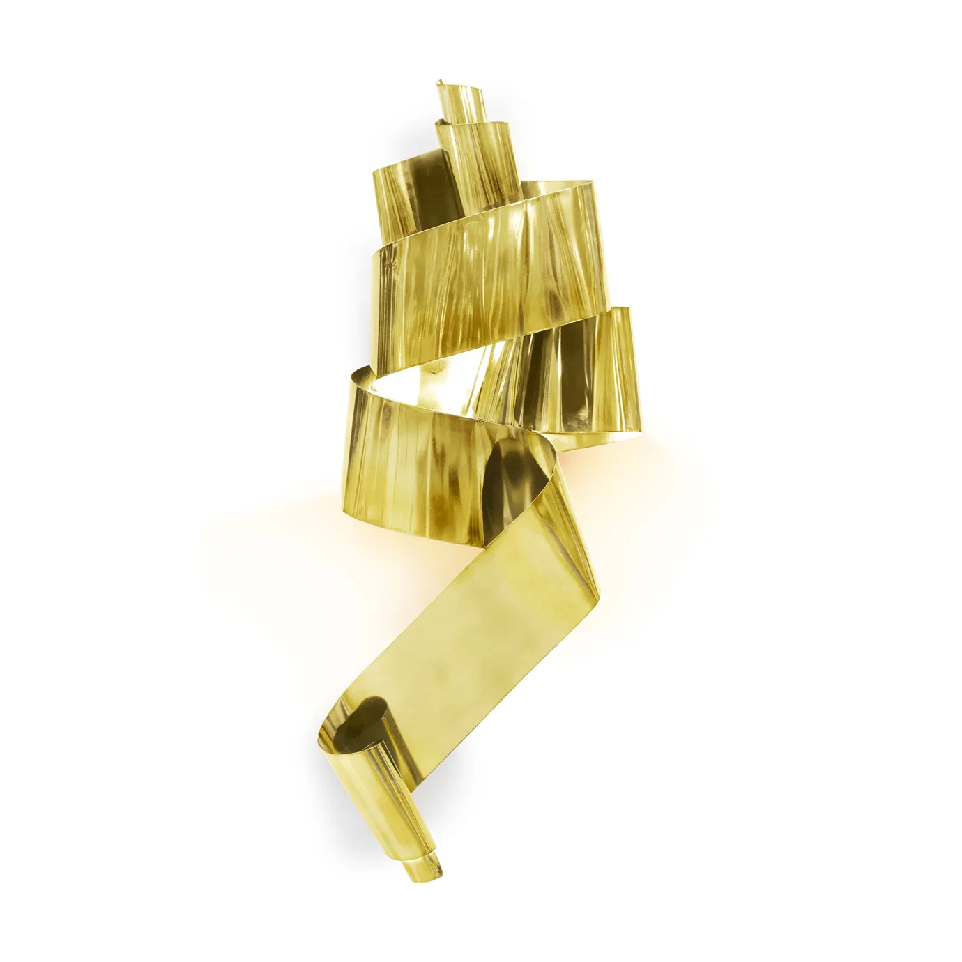 Neurotica Sculpture: With the light on, the polished gold abstract form glows, highlighting its curves and casting dynamic reflections.
