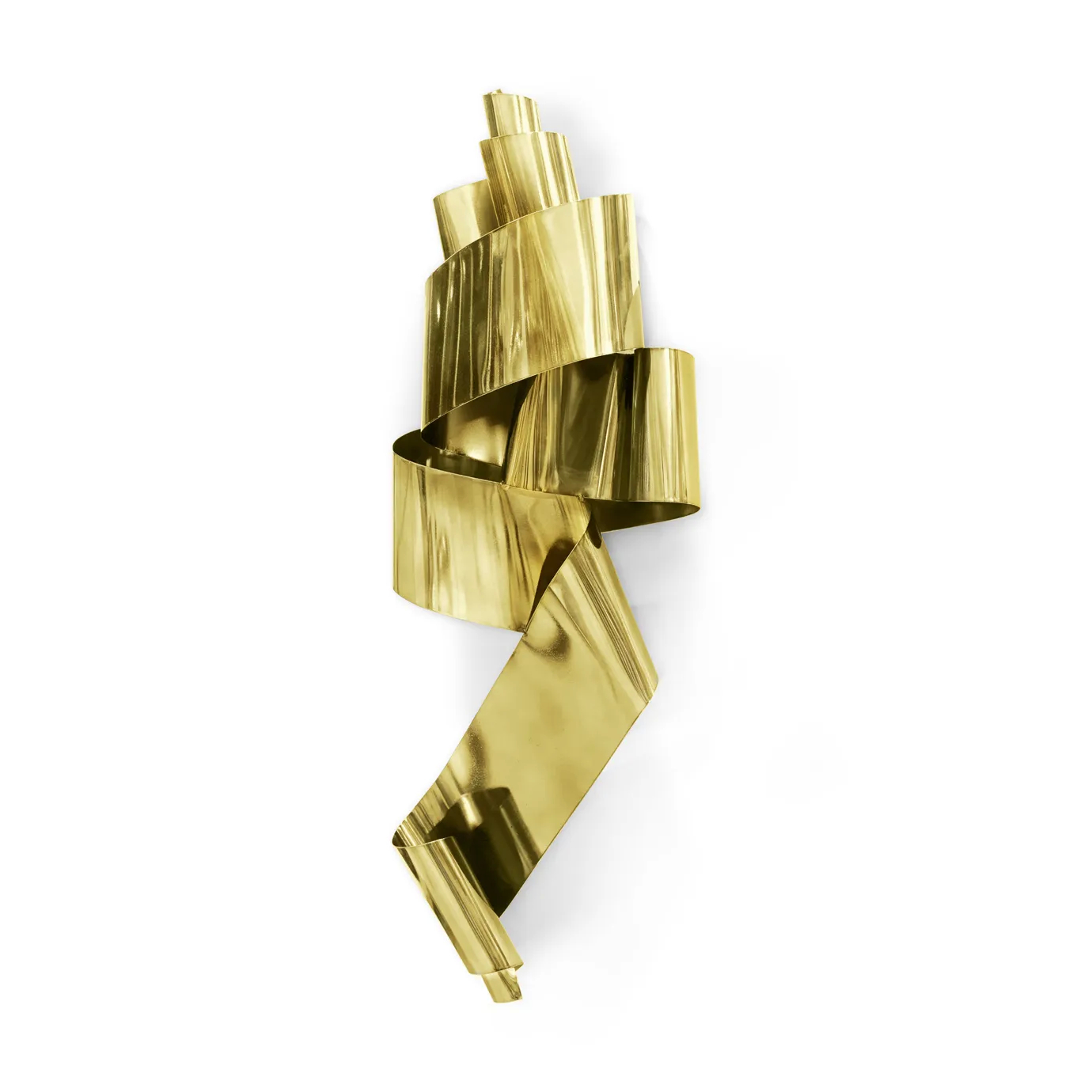 Neurotica Sculpture, slight angle: The polished gold abstract form twists dynamically, reflecting light and shadow across its curving surfaces.