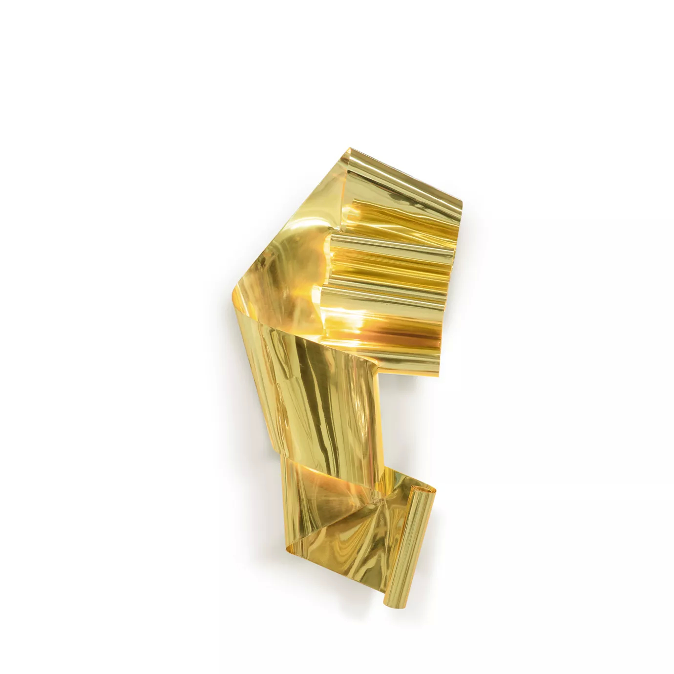 A dazzling, abstract form in polished gold, its dynamic folds creating a captivating display of light and texture.