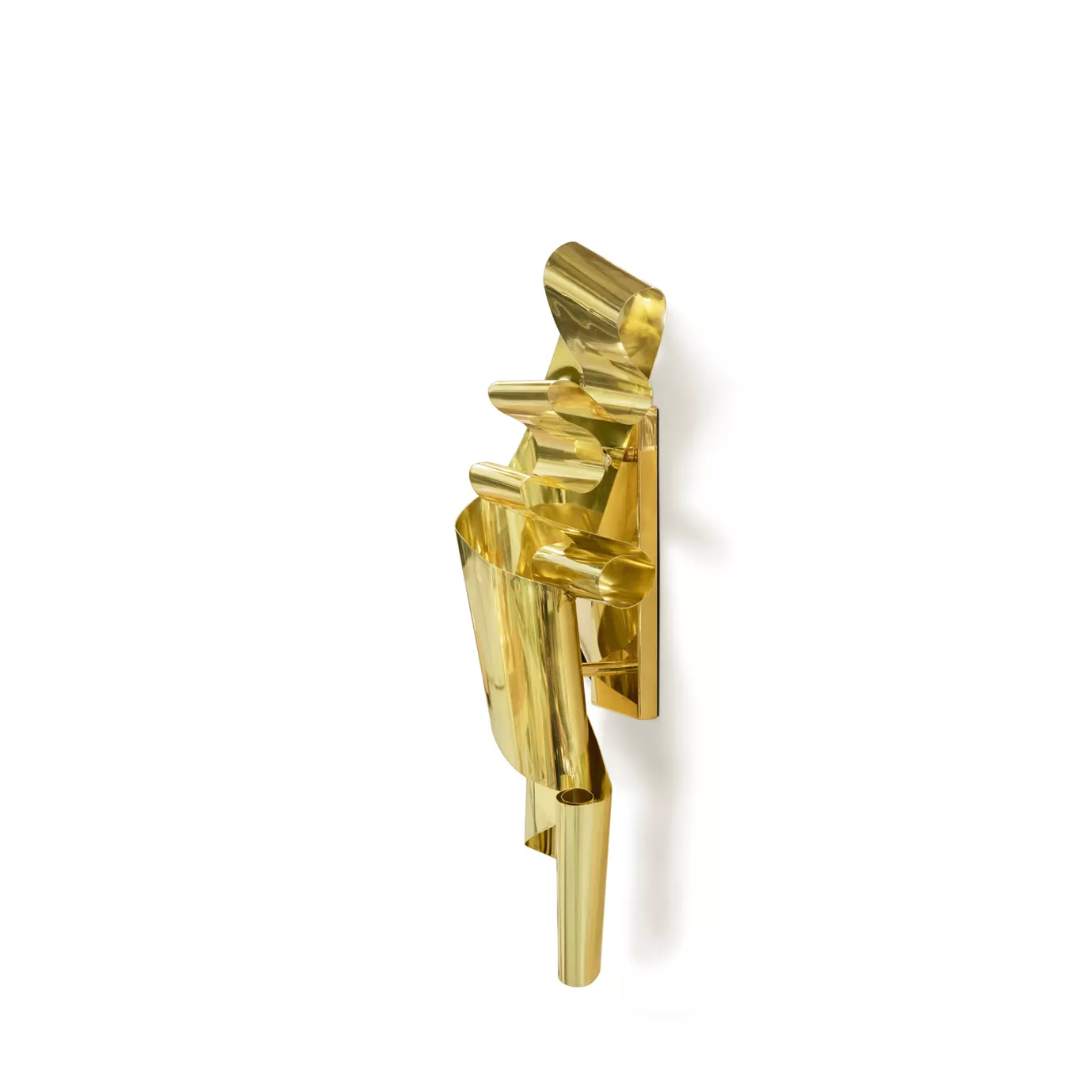 Side view of the polished gold, abstract sculpture, showcasing its layered and dynamically curving form.
