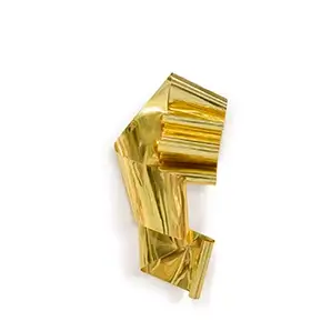 A bold, abstract form with shimmering gold surfaces, creating a dynamic interplay of light and shadow.