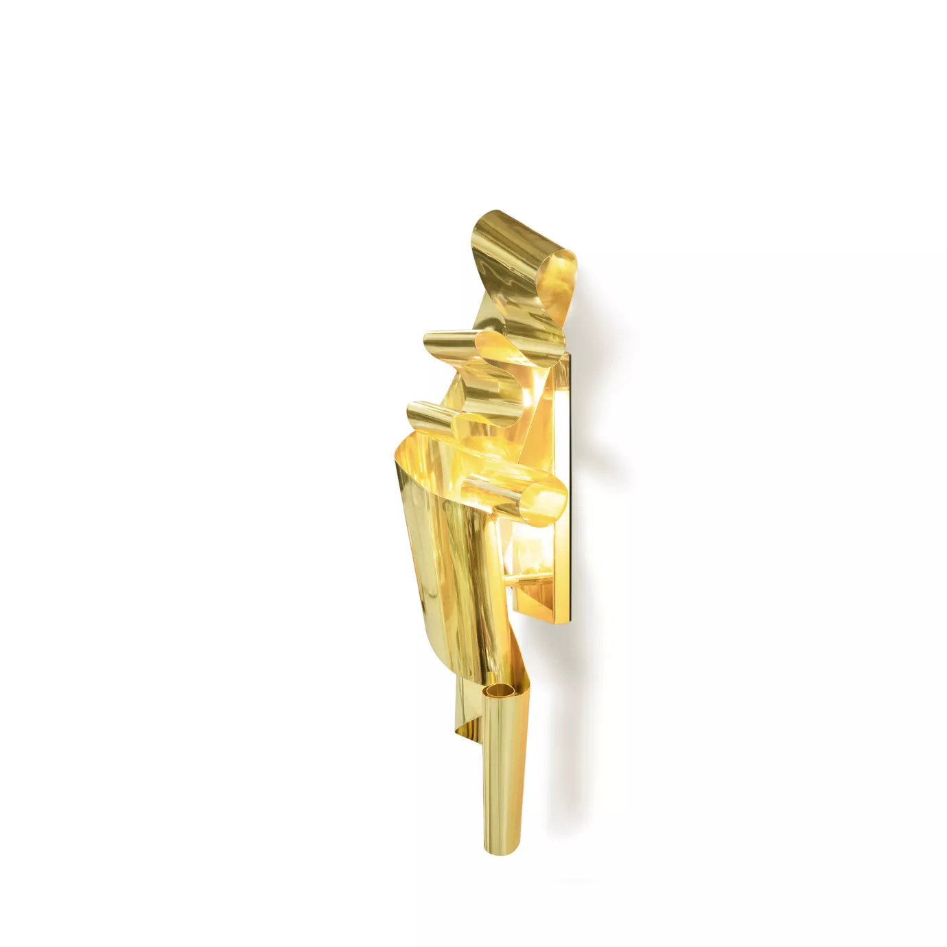 A side view reveals the sculpture's undulating, polished gold layers and the way it extends from the wall.