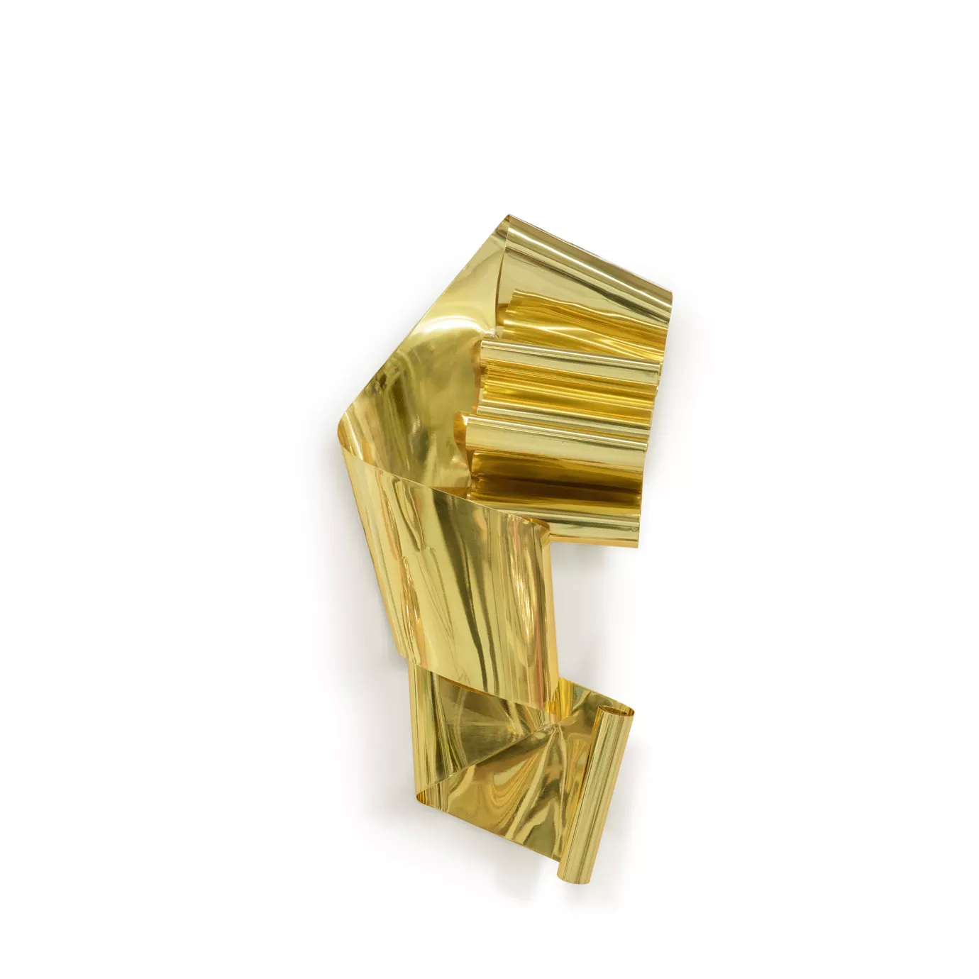 A bold, abstract form with shimmering gold surfaces, creating a dynamic interplay of light and shadow.