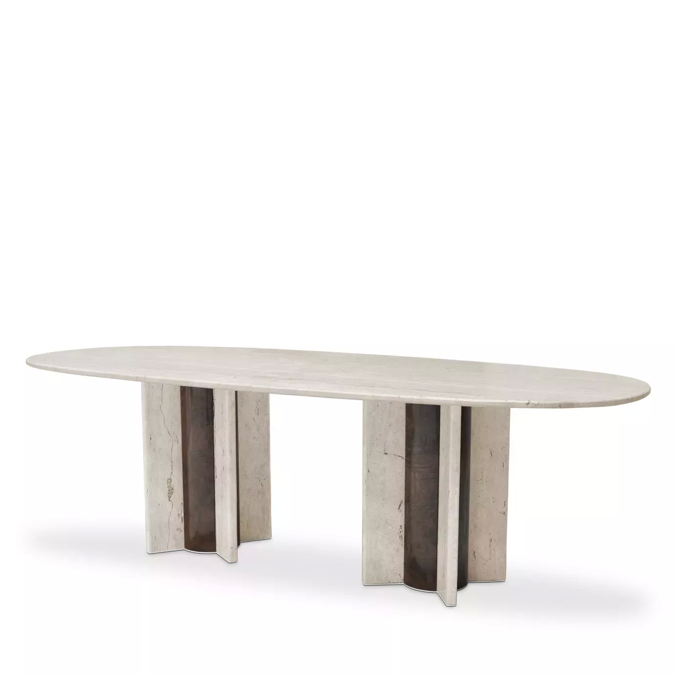 Paris Oval Dining Table, slightly angled: A smooth, oval travertine marble top rests on two striking, textured marble bases.