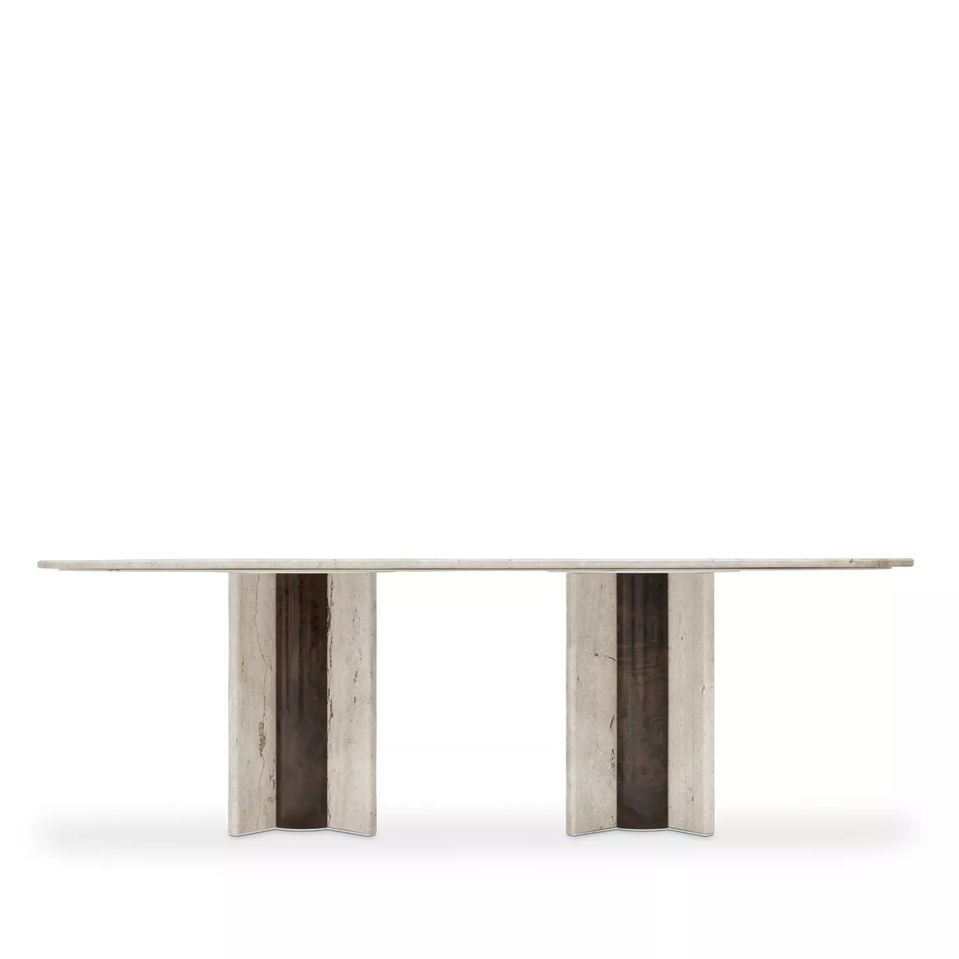 Paris Oval Dining Table: Features a sleek, elongated oval travertine marble top supported by two distinct, textured marble pedestals.