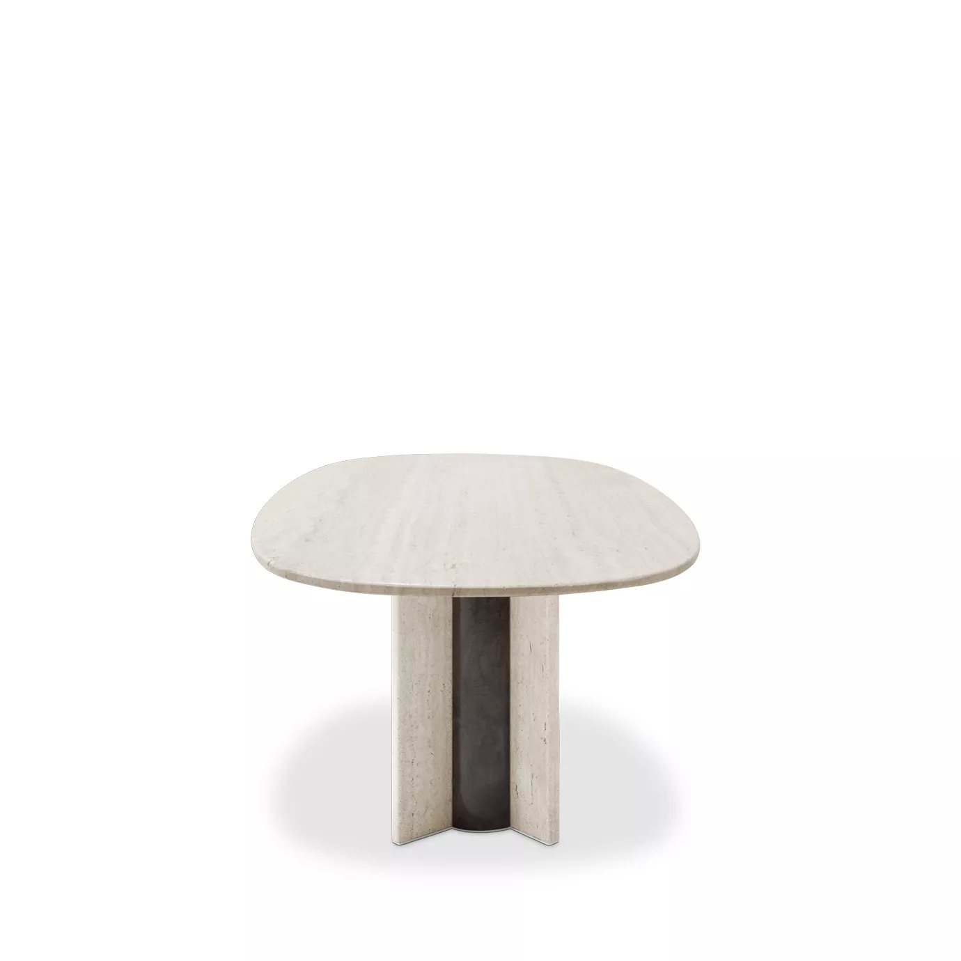 Paris Oval Dining Table: Features a compact, oval travertine marble top supported by a single, striking, textured marble pedestal.