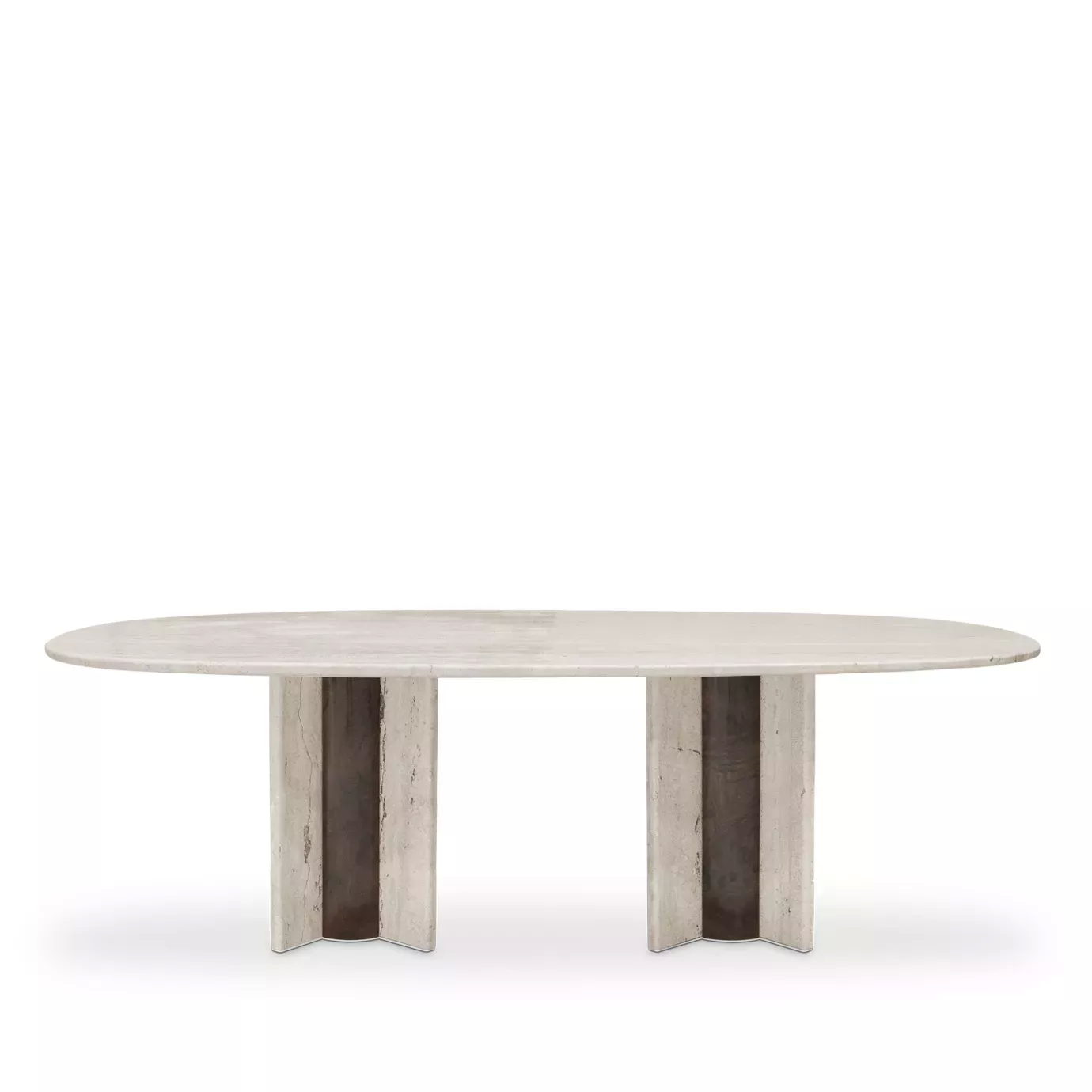 The Paris Oval Dining Table showcases a smooth, oval travertine marble top supported by two striking, textured marble bases.