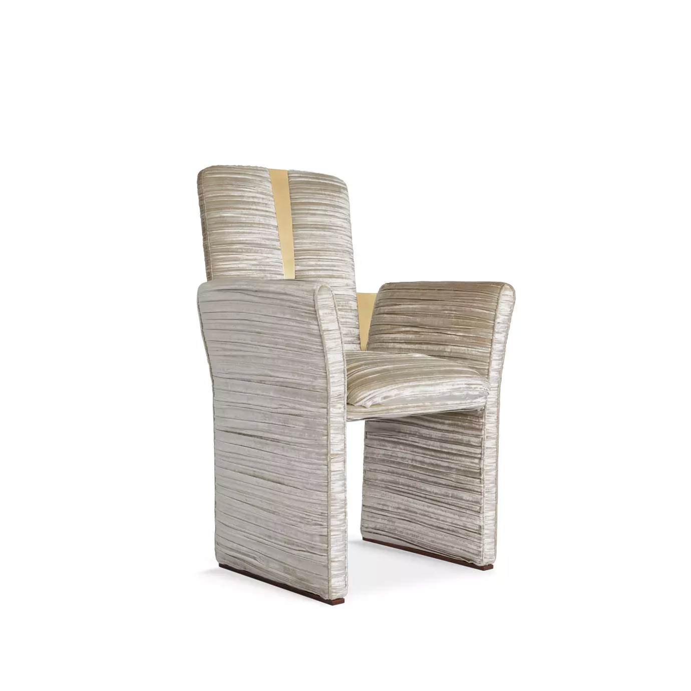 Estelle Dining Chair, slightly angled: A textured, vertical channel upholstery in soft, shimmering tones, subtle armrests, and an elegant silhouette.