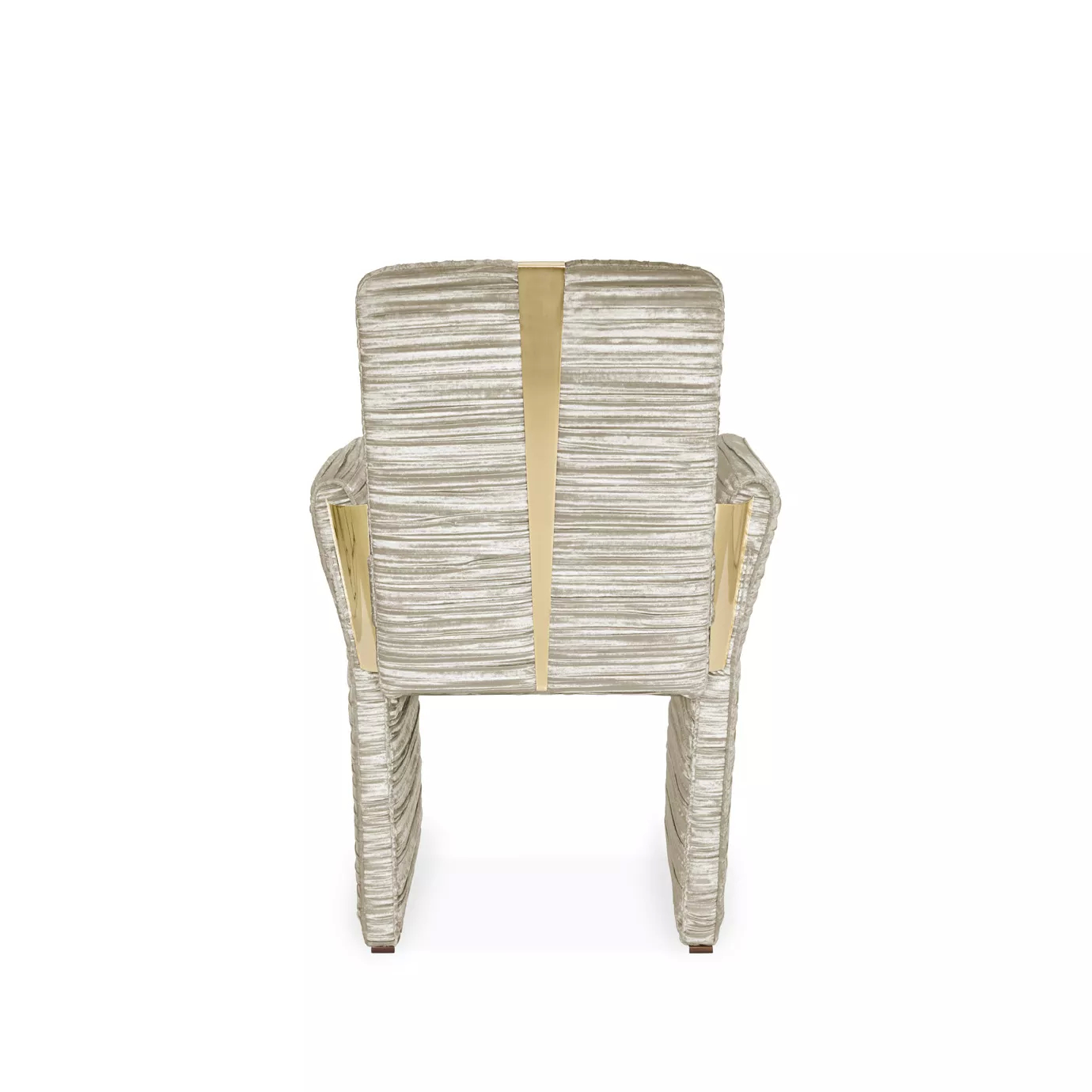 Estelle Dining Chair, back view: Showcases the textured, vertical channel upholstery and the elegant gold-toned accents on the back and arms.