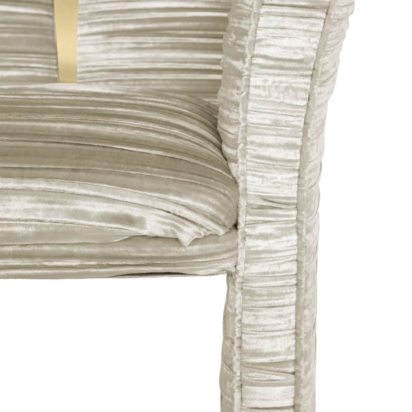 Consulta executada com êxito  Estelle Dining Chair, close up: A detail shot highlights the textured, vertical channel upholstery in soft, shimmering tones.