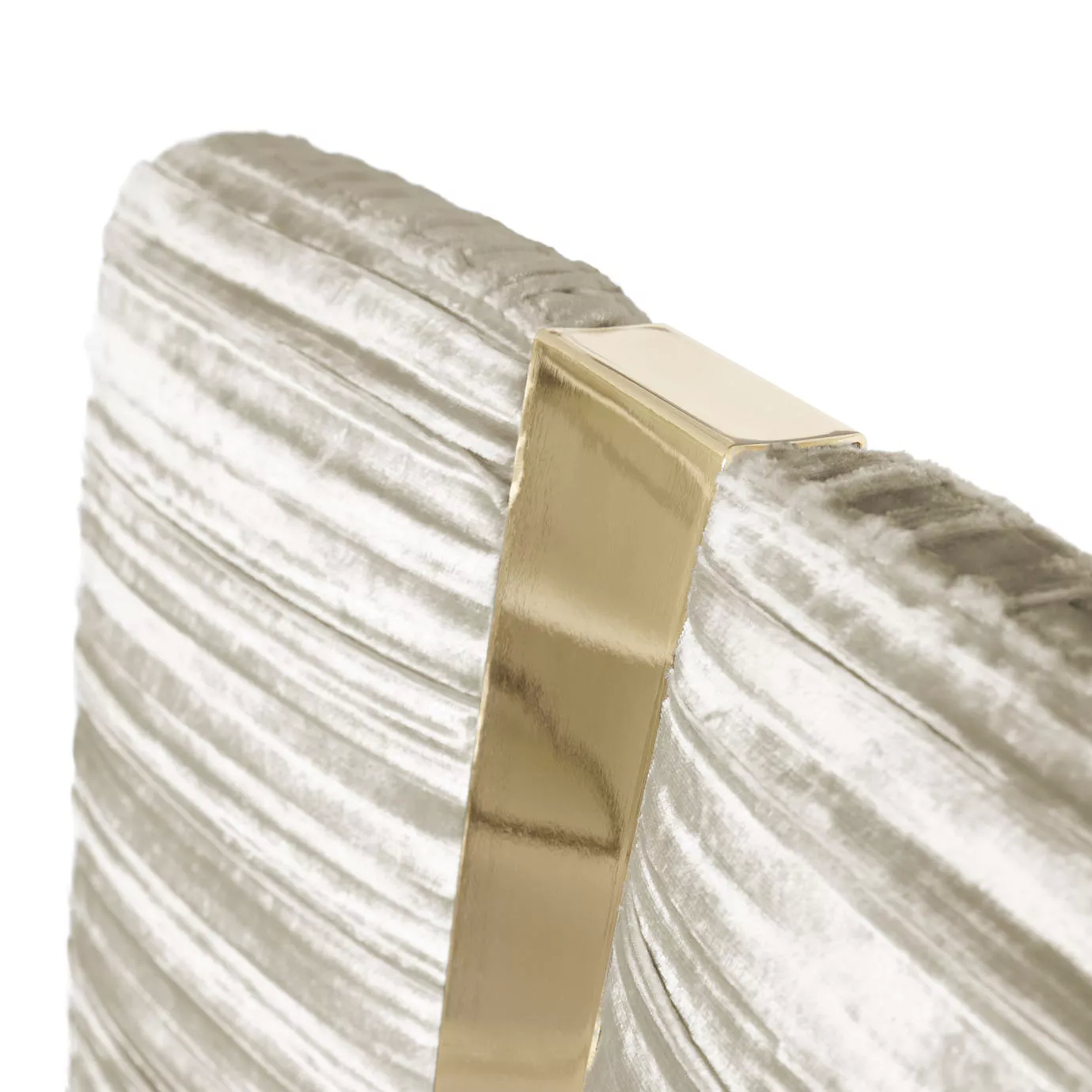 Estelle Dining Chair, backrest close up: A detailed view of the textured, vertical channel upholstery and the elegant, shiny gold accent.