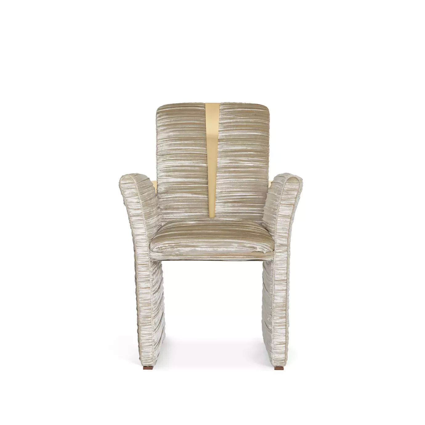 Estelle Dining Chair, front view: Elegant silhouette with textured, vertical channel upholstery in soft, shimmering tones and subtle armrests.