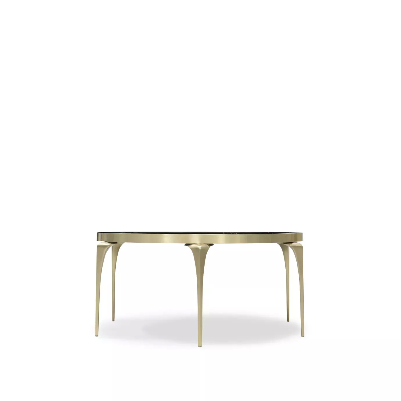 Rita Coffee Table with elegant Sahara Noir marble top and sculptural four-legged golden base.