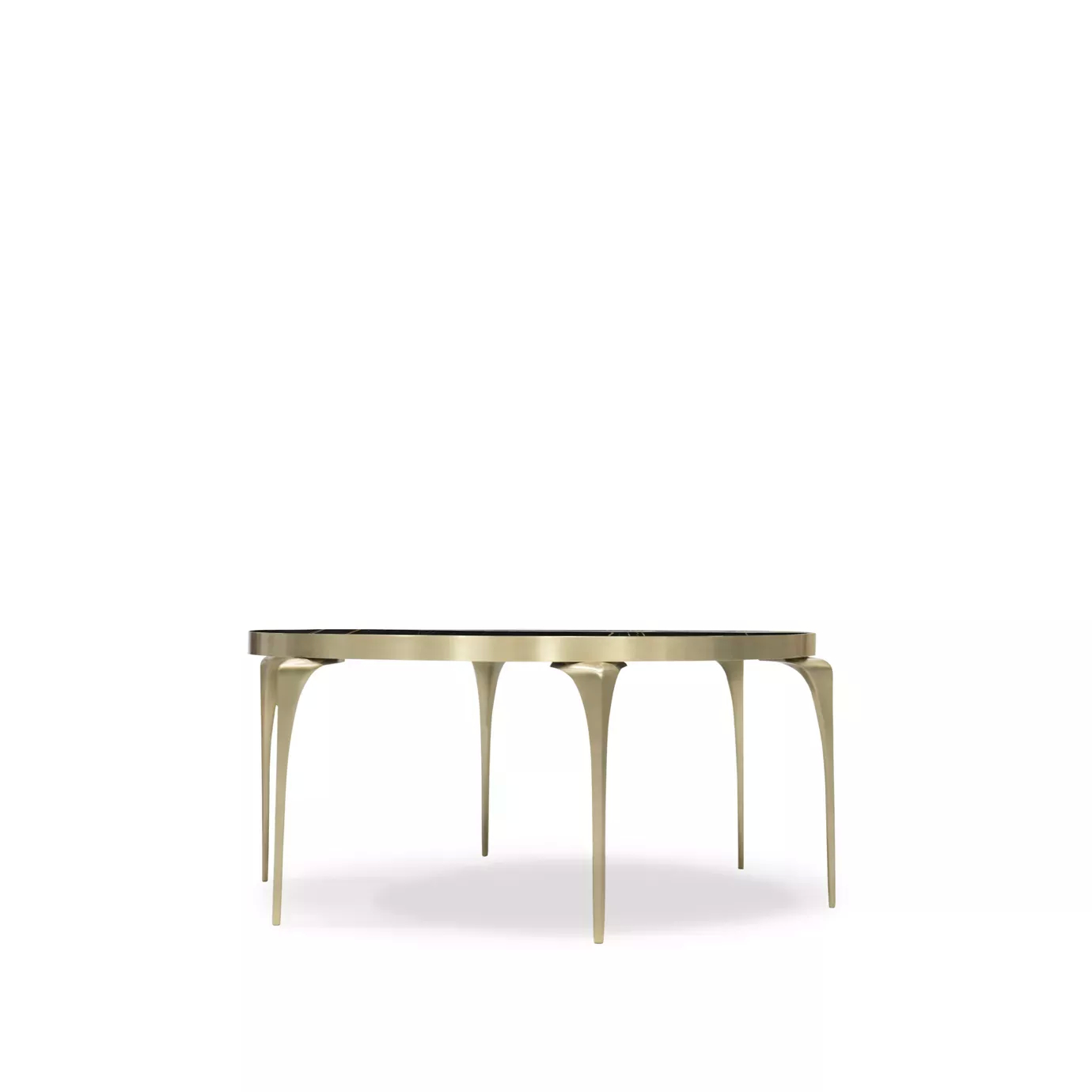 Rita Coffee Table with elegant Sahara Noir marble top and sculptural four-legged golden base.