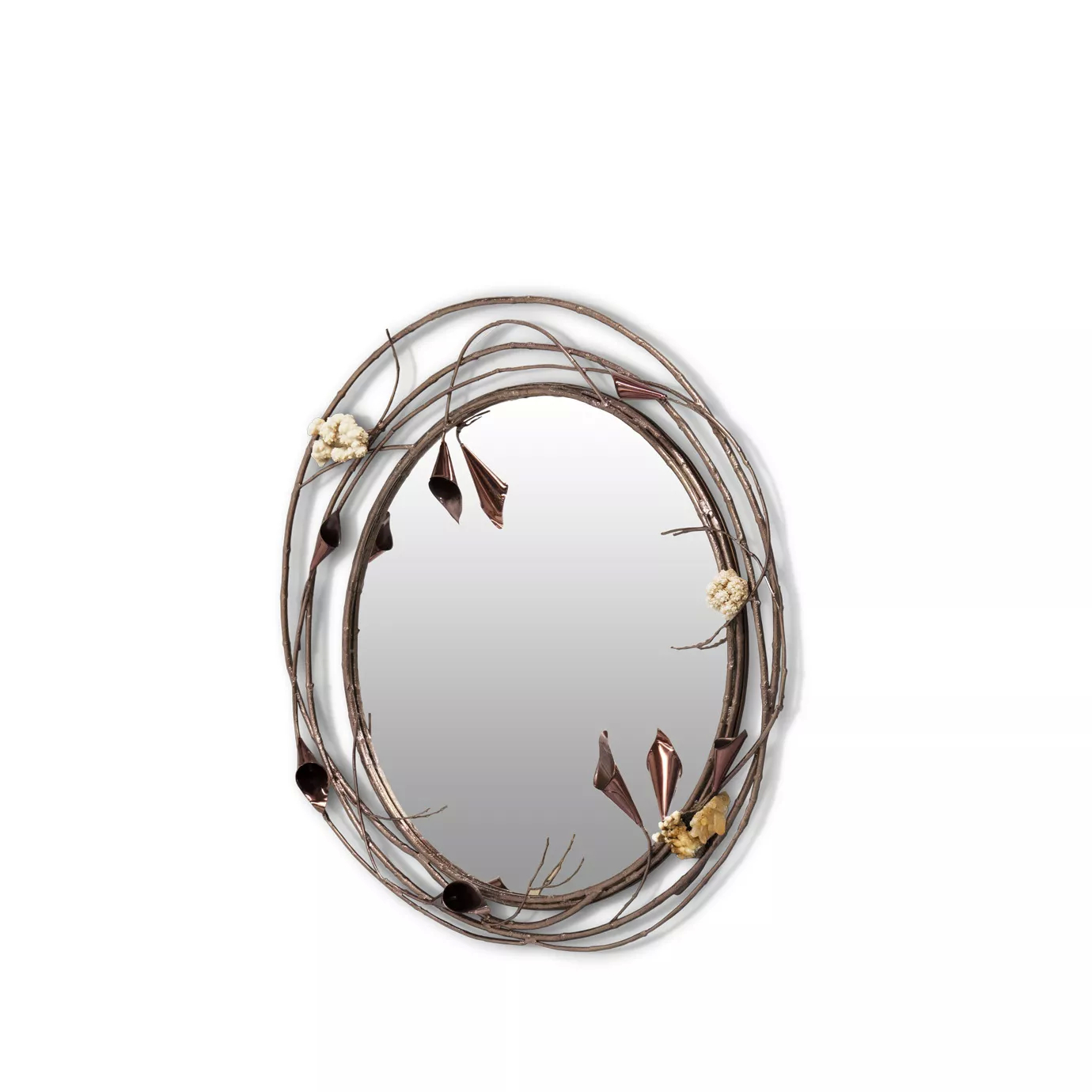 A slightly angled perspective of the Stella Crystalized Mirror, offering a comprehensive look at the crafted frame, adorned with Calla Lilies and stems.