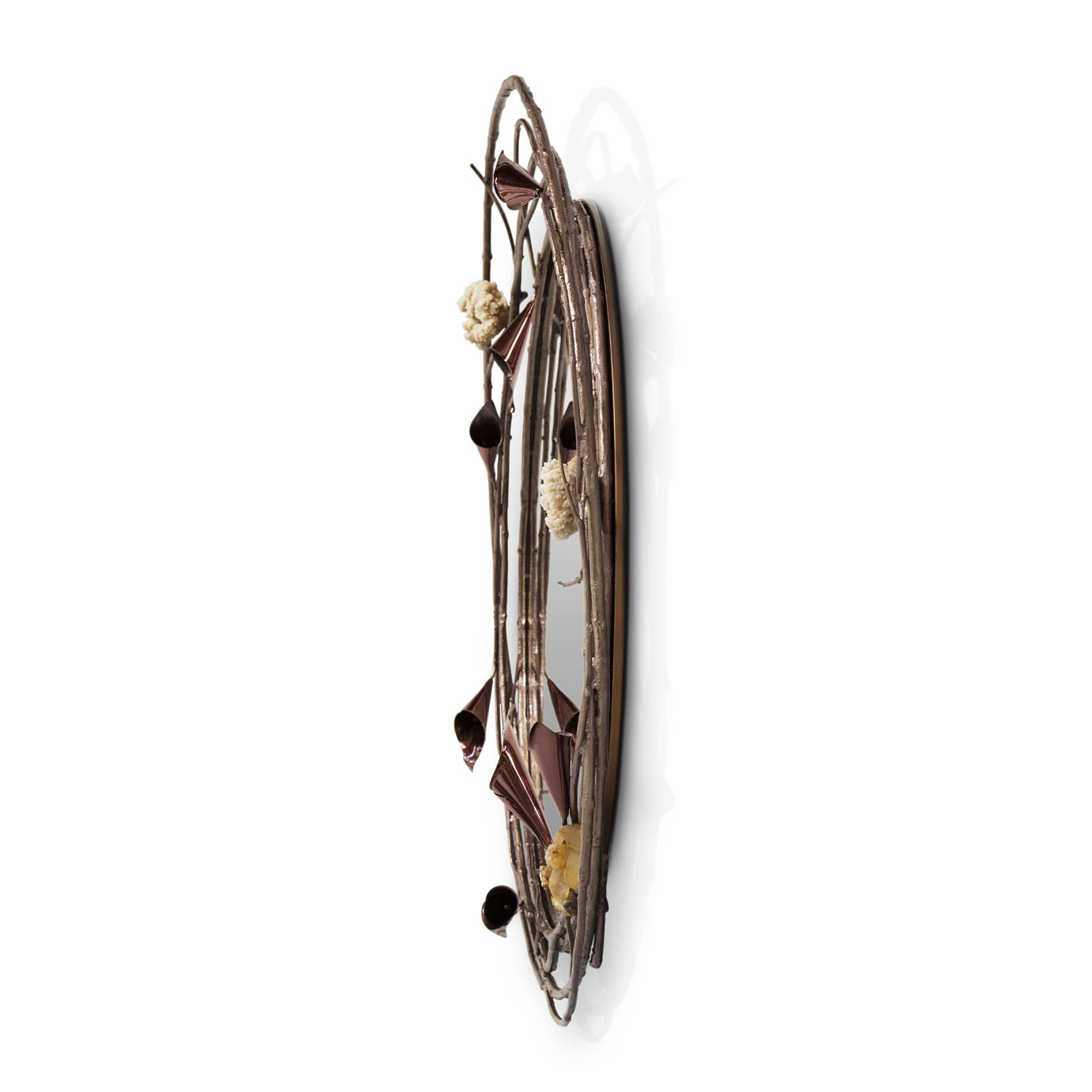Flank view of the Stella Crystalized Mirror, higlighting the distinctive copper-toned structure and its floral theme.