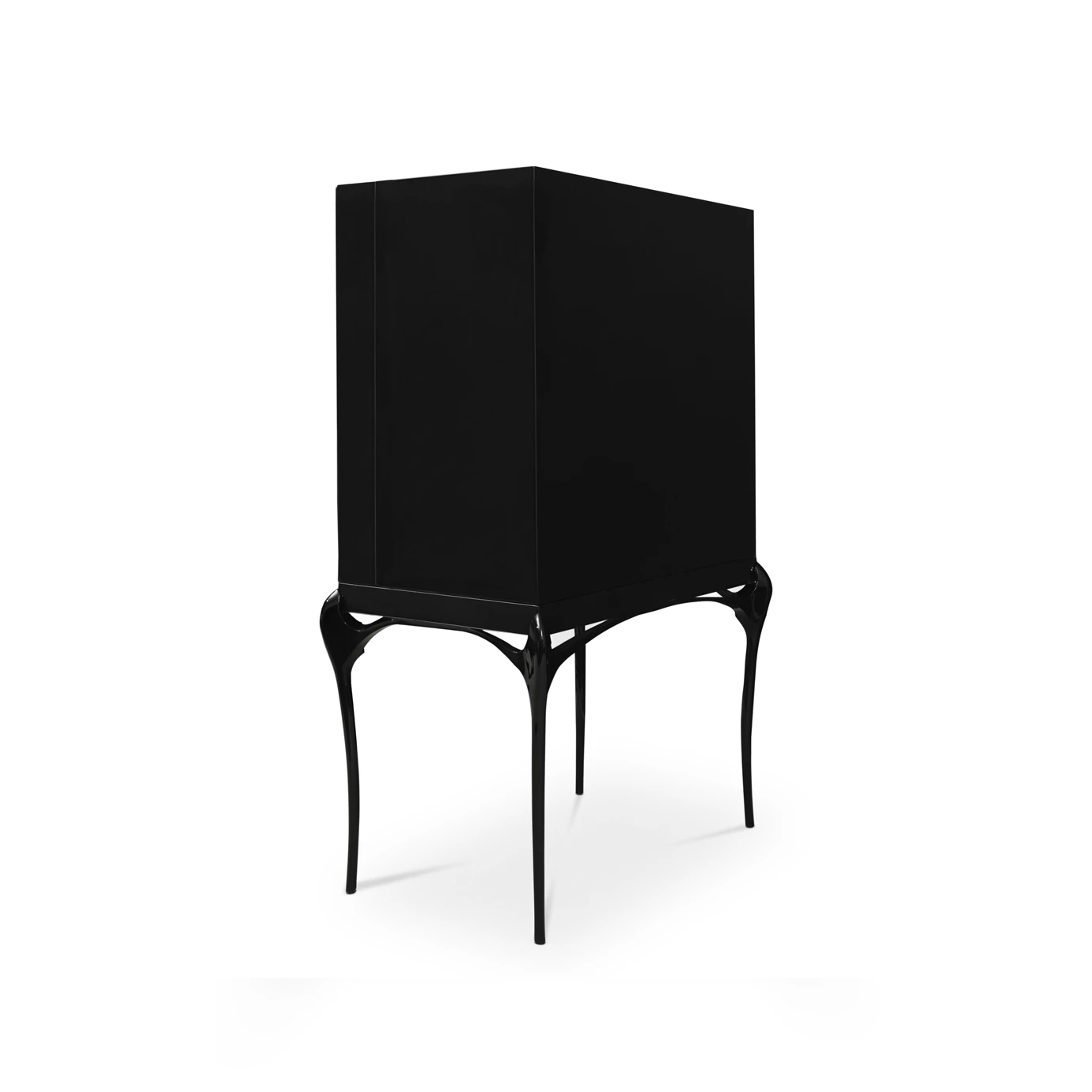 Back view of the India Port Laurent Marble Bar Cabinet, showcasing its sleek black exterior and the graceful curve of its legs.