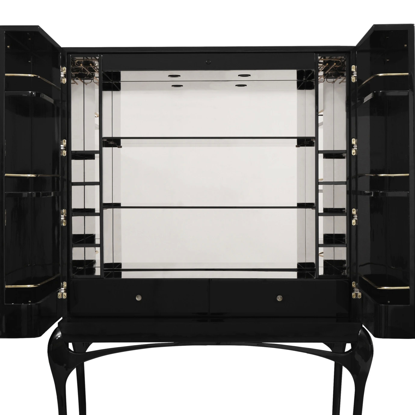 India Port Laurent Marble Bar Cabinet reveals a mirrored interior, glass shelves, bottle holders, and drawers with sleek knobs.