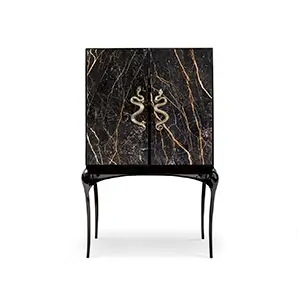 Front view: India Port Laurent Marble Bar Cabinet with a striking black marble pattern and elegant golden serpent handles.