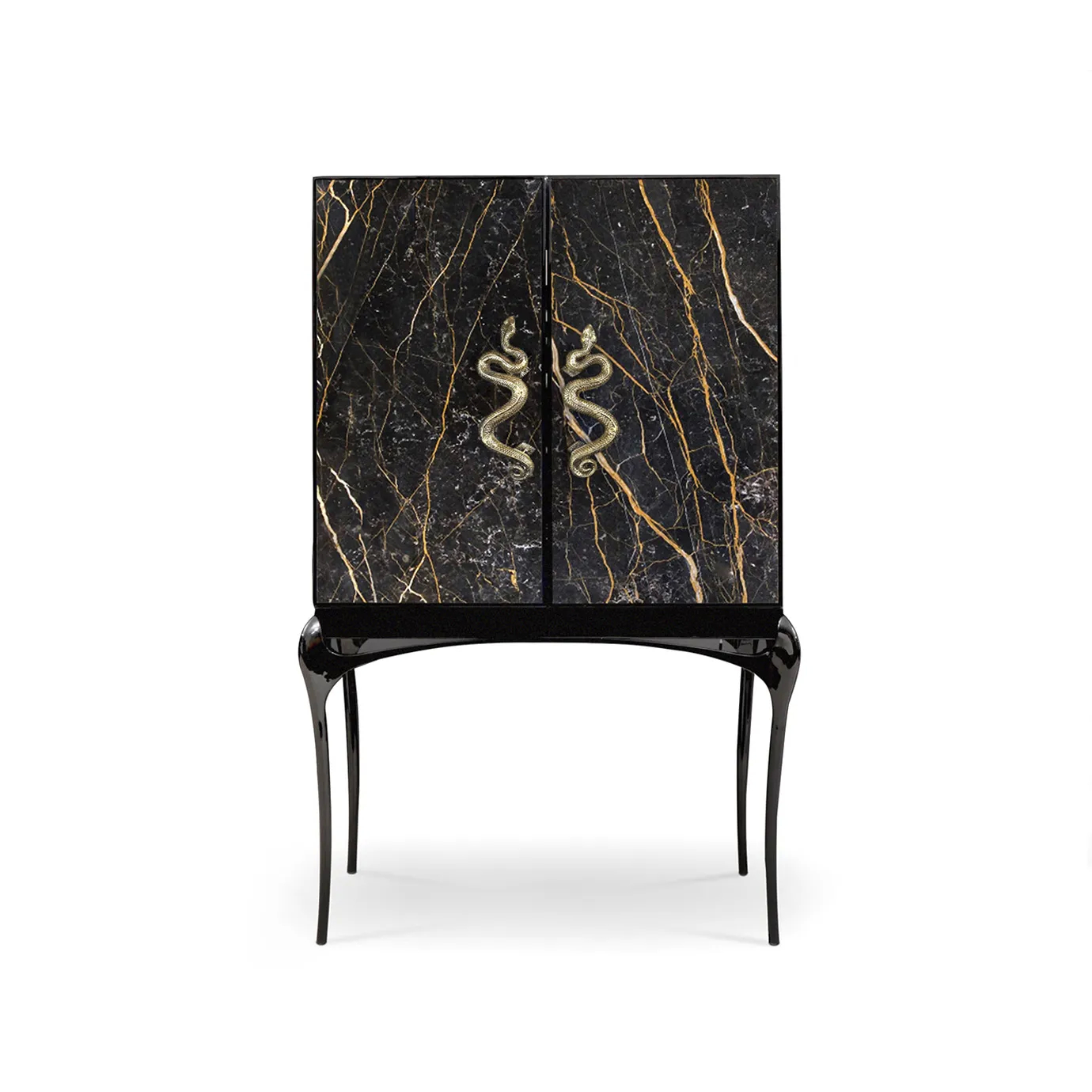 Front view: India Port Laurent Marble Bar Cabinet with a striking black marble pattern and elegant golden serpent handles.