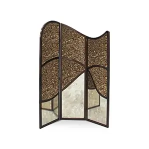 Front view: Simone Screen with a textured quail feather pattern fabric panel, framed in dark wood. A stylish room divider.