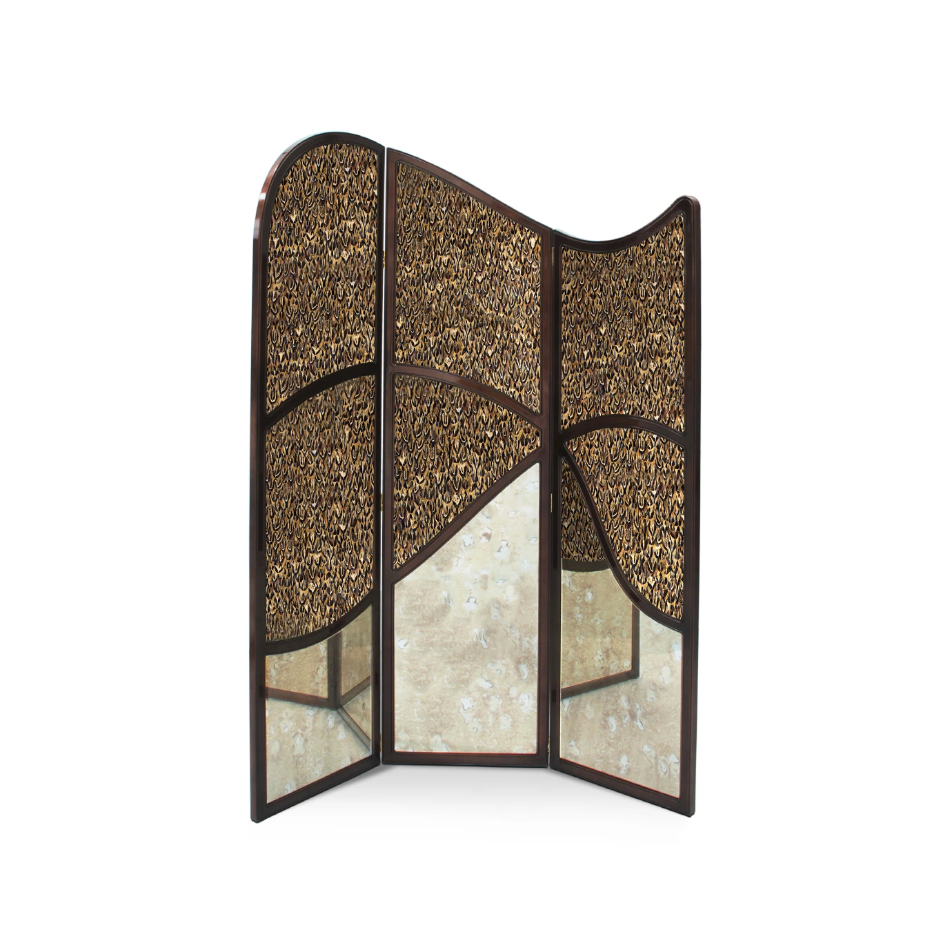 Front view: Simone Screen with a textured quail feather pattern fabric panel, framed in dark wood. A stylish room divider.