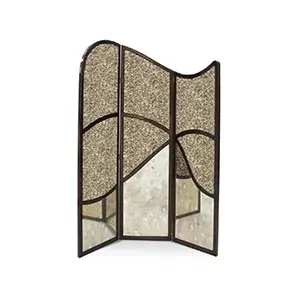 Front view: Simone Screen with a textured, patterned fabric panel framed in dark wood, creating a stylish divider.
