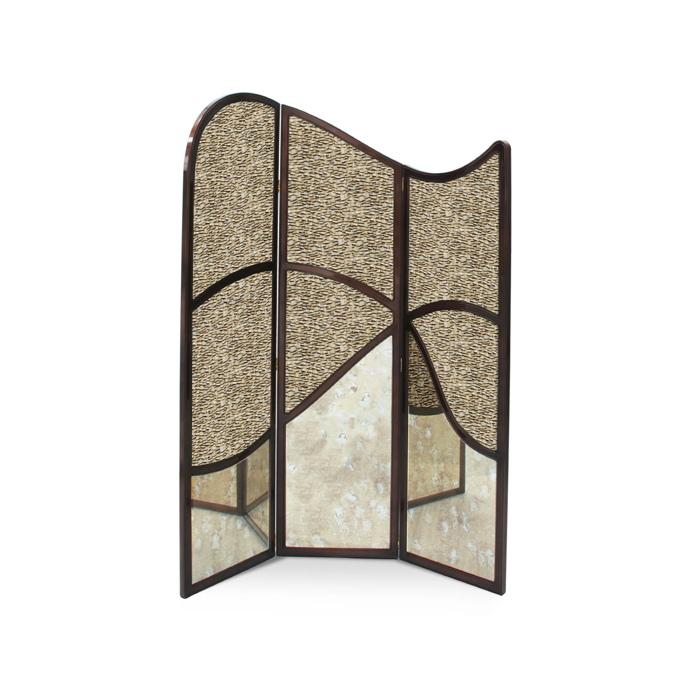 Front view: Simone Screen with a textured, patterned fabric panel framed in dark wood, creating a stylish divider.