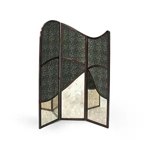 Front view of the Simone Screen, featuring a textured fabric panel with a unique pattern, framed by a dark wood border.