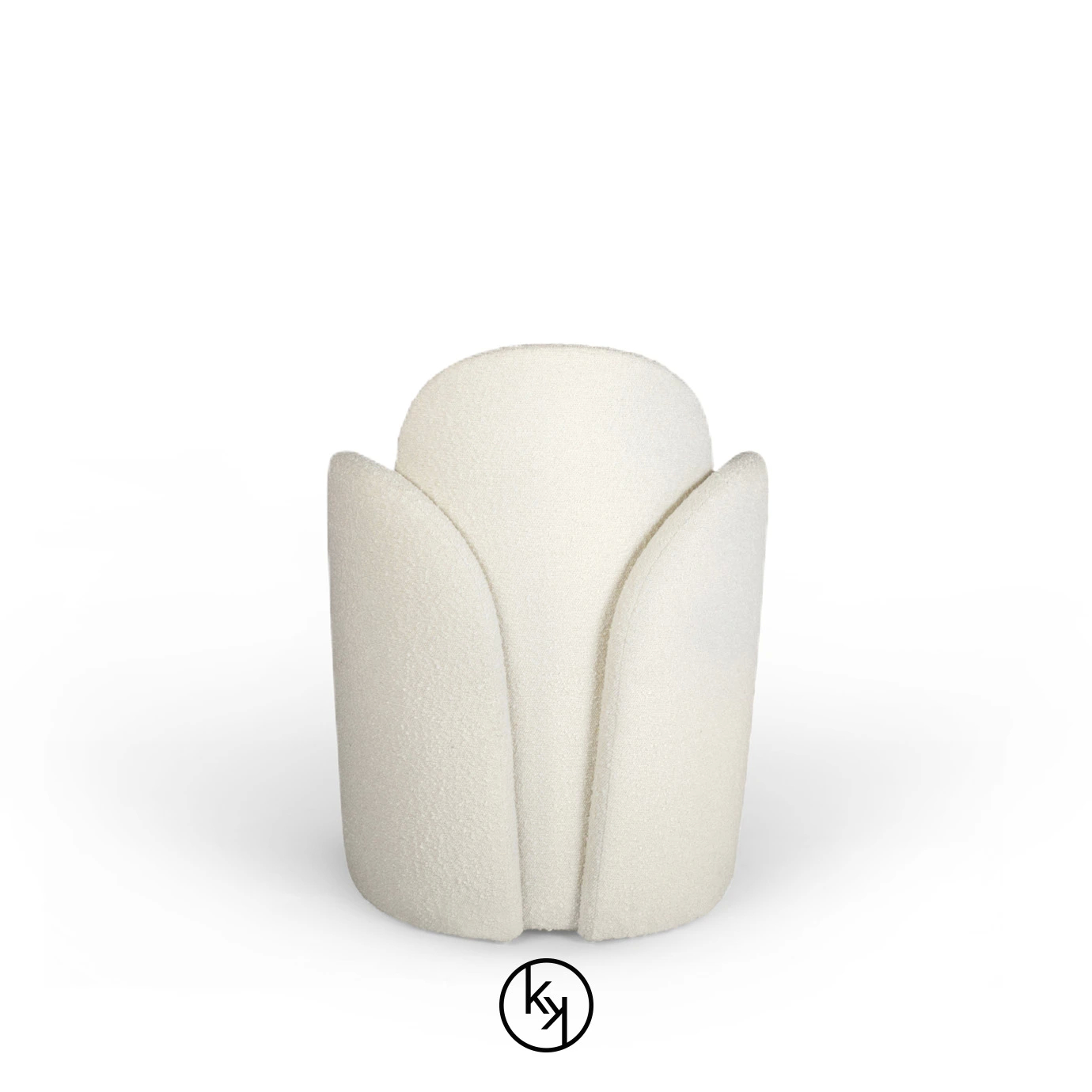 Back view of the Oh-lá-lá Chair, showcasing its soft, textured white upholstery and the flowing, sculptural design of its back.