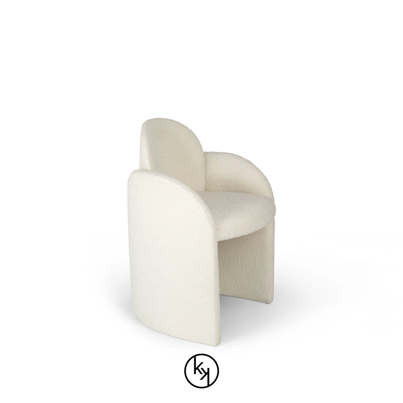 45º front view of the Oh-lá-lá Chair, showing its soft white texture and unique, inviting curved form.