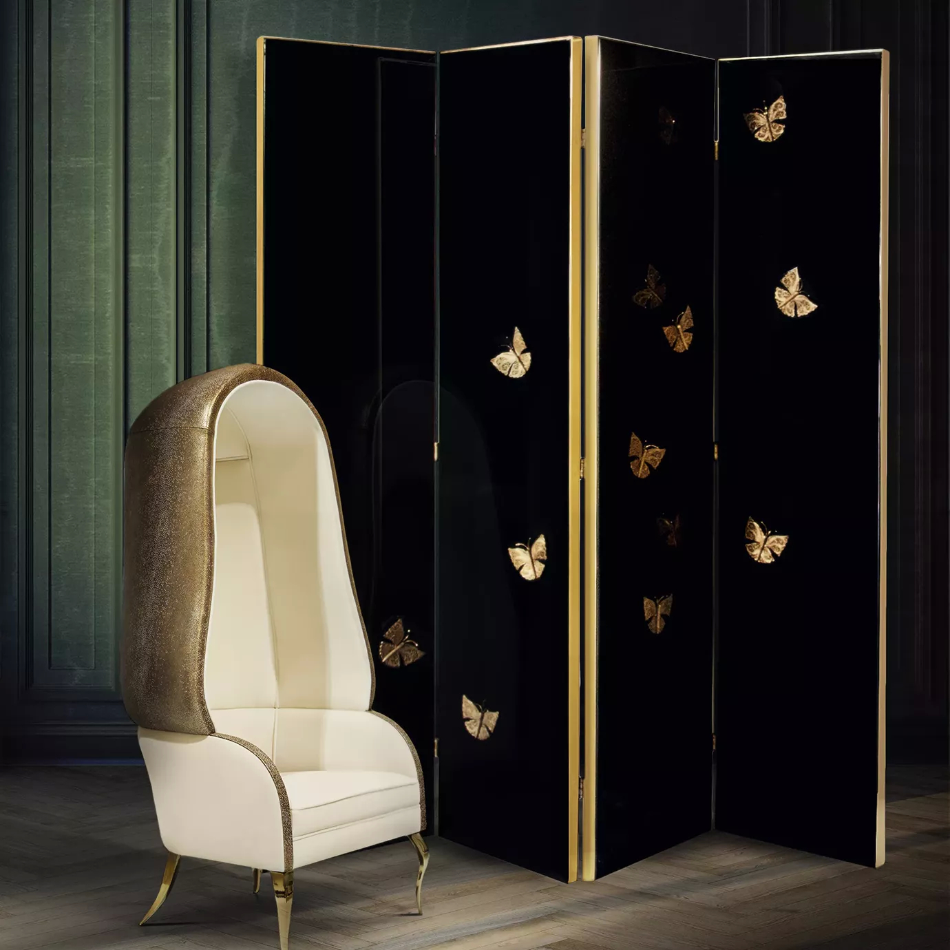 Elegant white and gold Drapess chair beside the black Euphoria screen with golden butterflies.