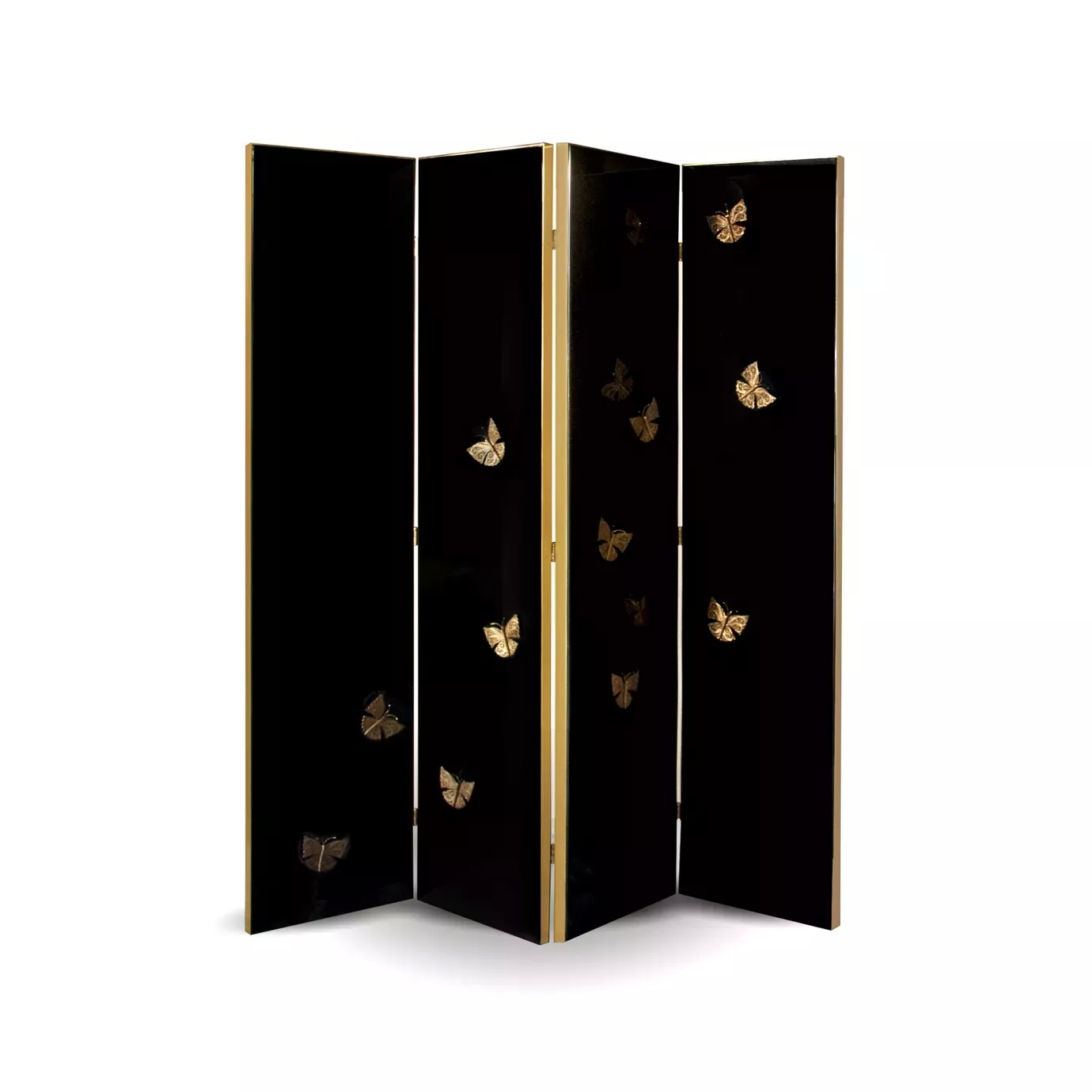 Euphoria Screen in black lacquer with golden metal frame and butterflies.
