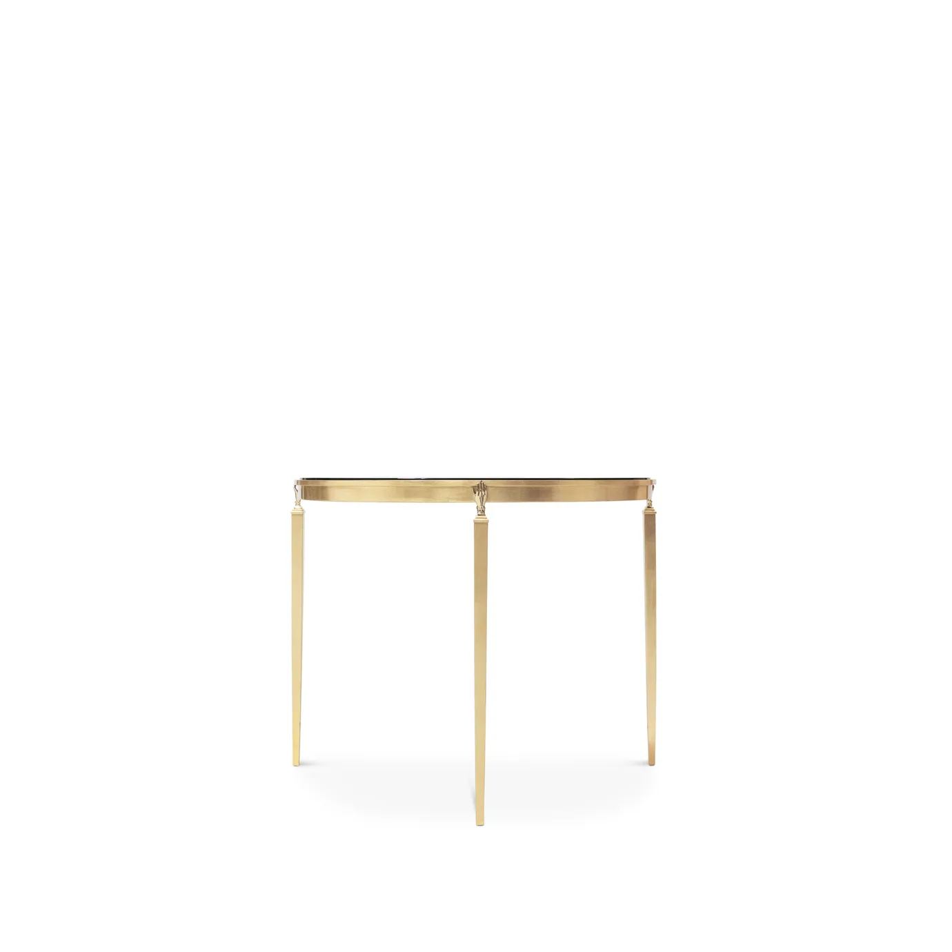 Front view: Gisele Demi Lune Console with a sleek black top and elegant, slender gold legs. Refined design.