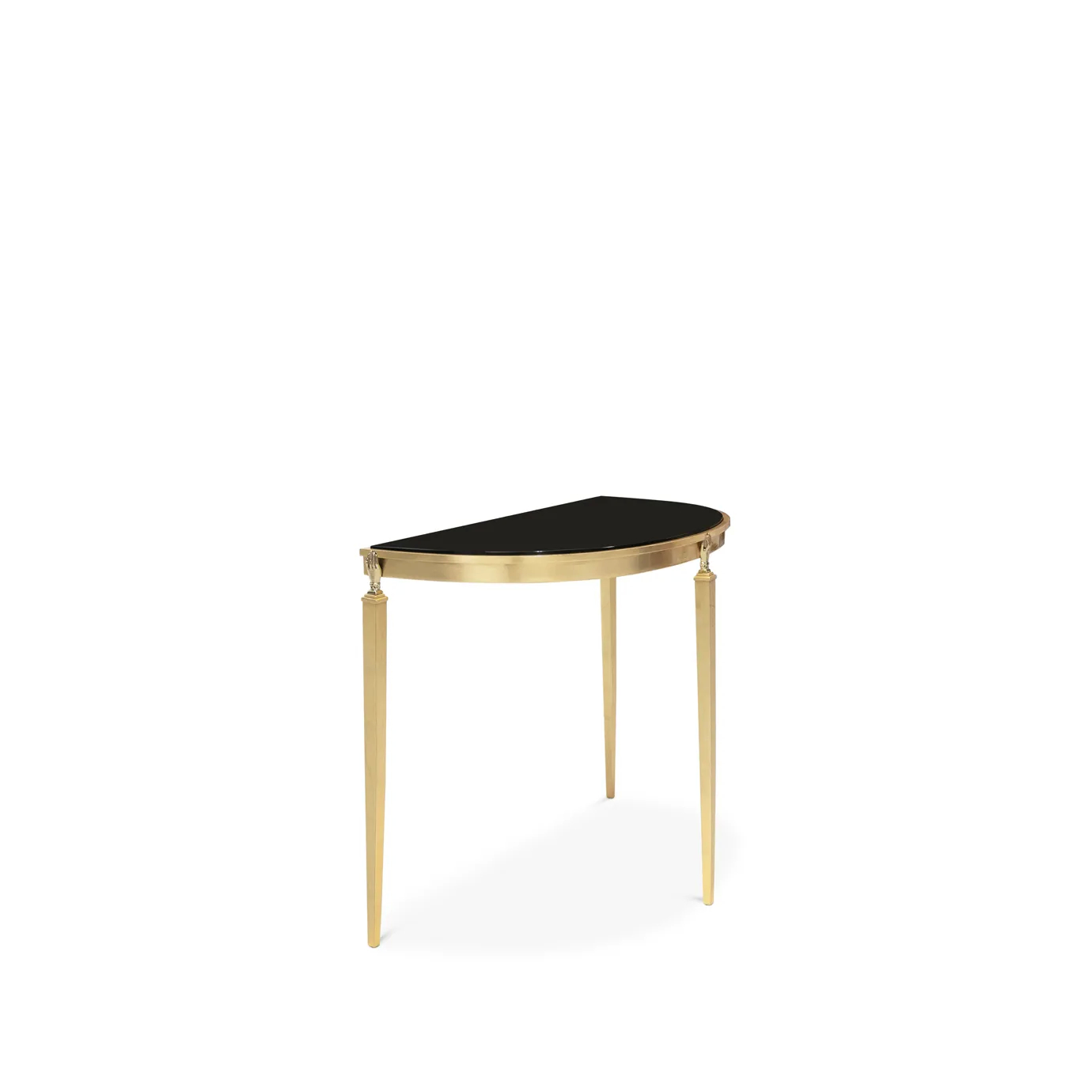 45º front view: Gisele Demi Lune Console showing its sleek black top, elegant gold legs, and refined semi-circular form.