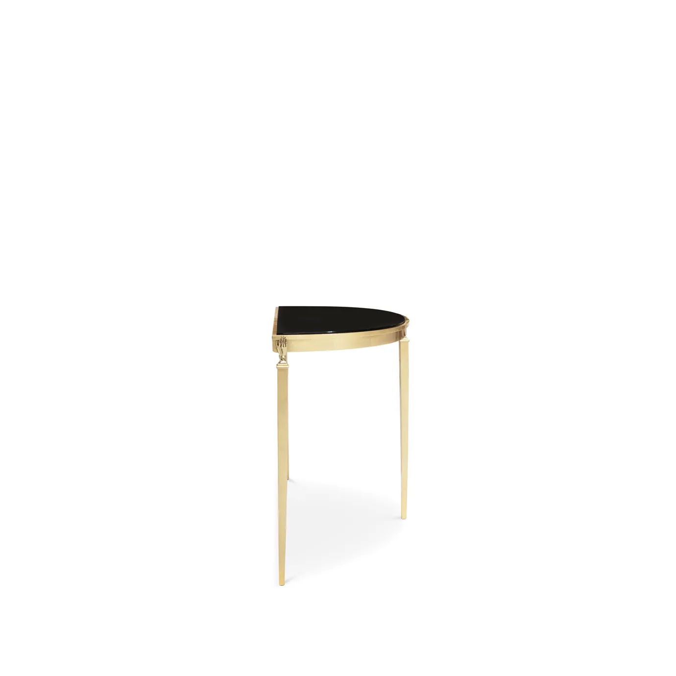 Side view: Gisele Demi Lune Console highlighting its slim profile, sleek black top, and elegant, slender gold legs.