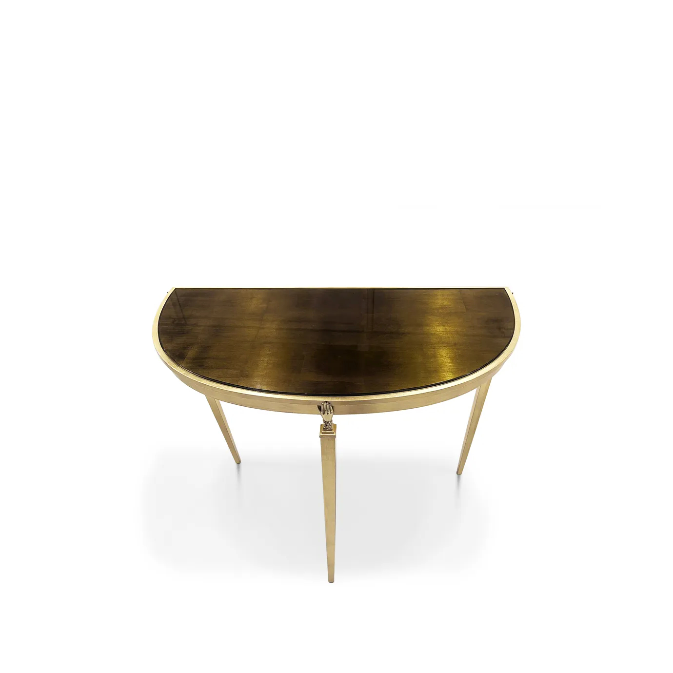 Top view: Gisele Demi Lune Console showcasing its semi-circular dark top and the elegant placement of its slender gold legs.