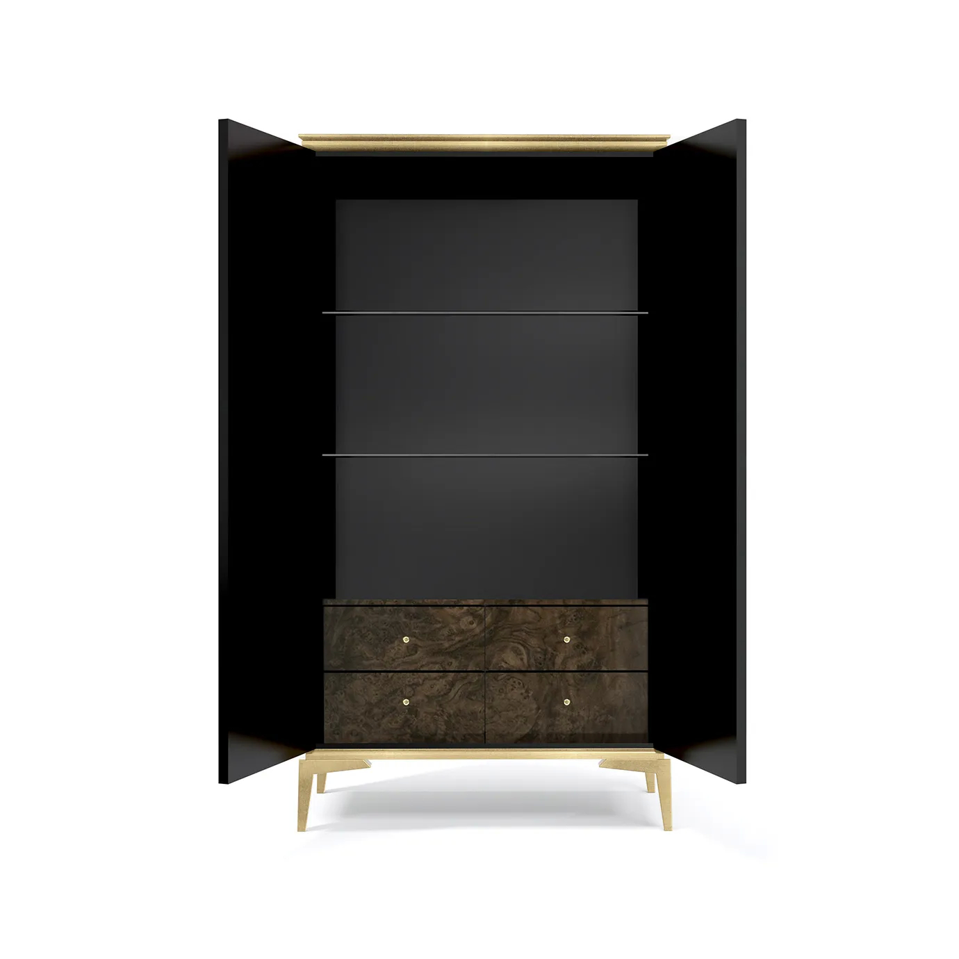Front view: India Armoire open, revealing dark interior, shelves, and rich walnut root veneer drawers with gold knobs.