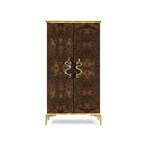 Front view: India Armoire with rich walnut root veneer, gold accents, and striking serpent handles. Elegant design.