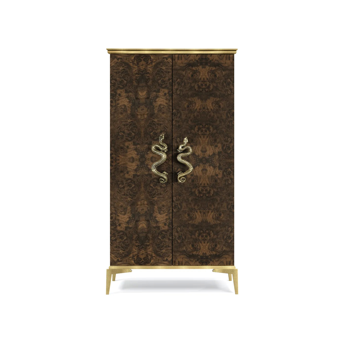 Front view: India Armoire with rich walnut root veneer, gold accents, and striking serpent handles. Elegant design.