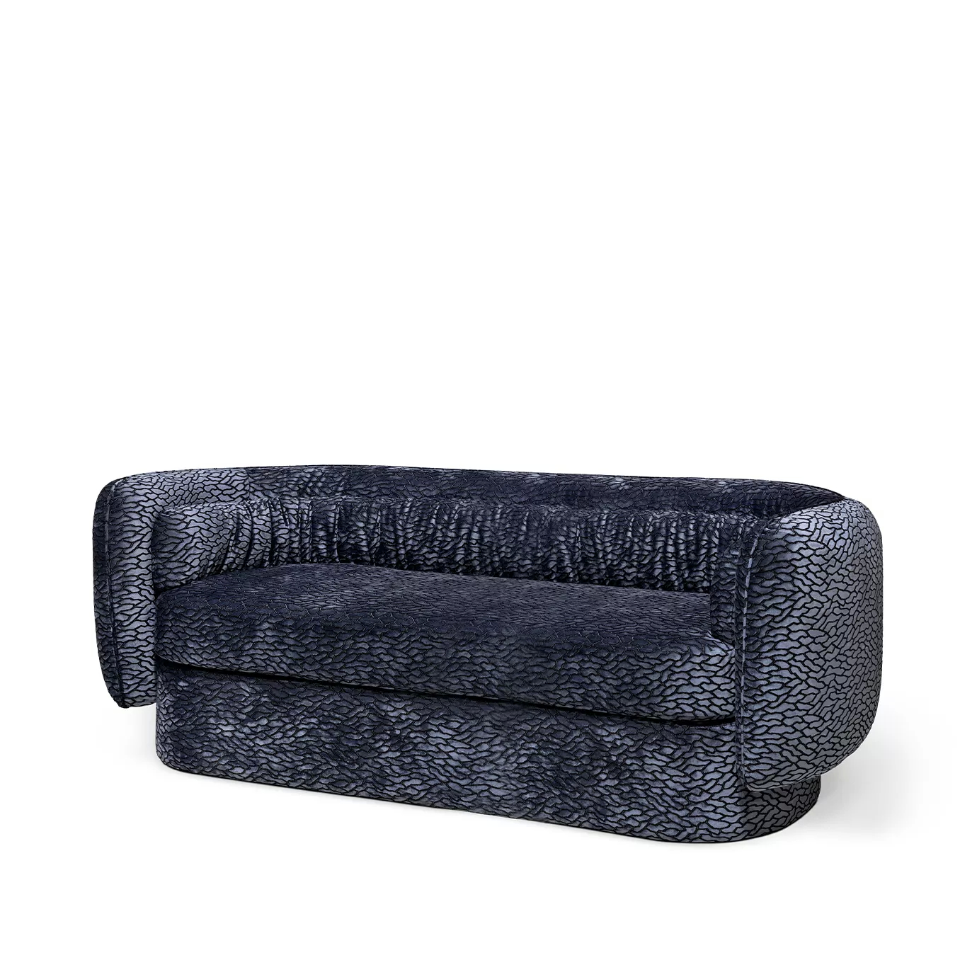 45º front view of the Deb Sofa showcasing its unique textured upholstery and softly draped detailing.
