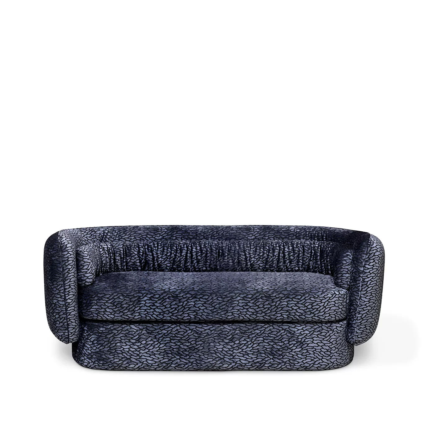 Front view of the Deb Sofa featuring its unique textured upholstery and softly draped detailing along the top.