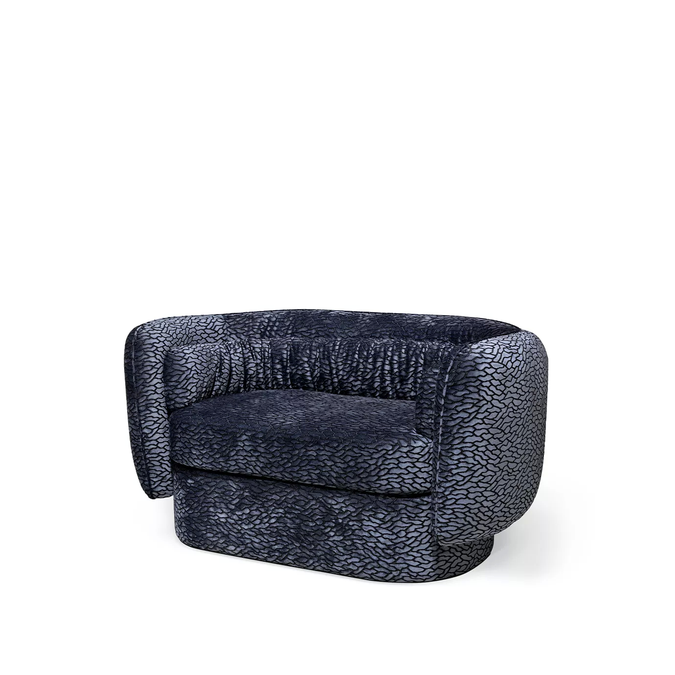 45º front view of the Deb Loveseat showcasing its unique textured upholstery and softly draped detailing.