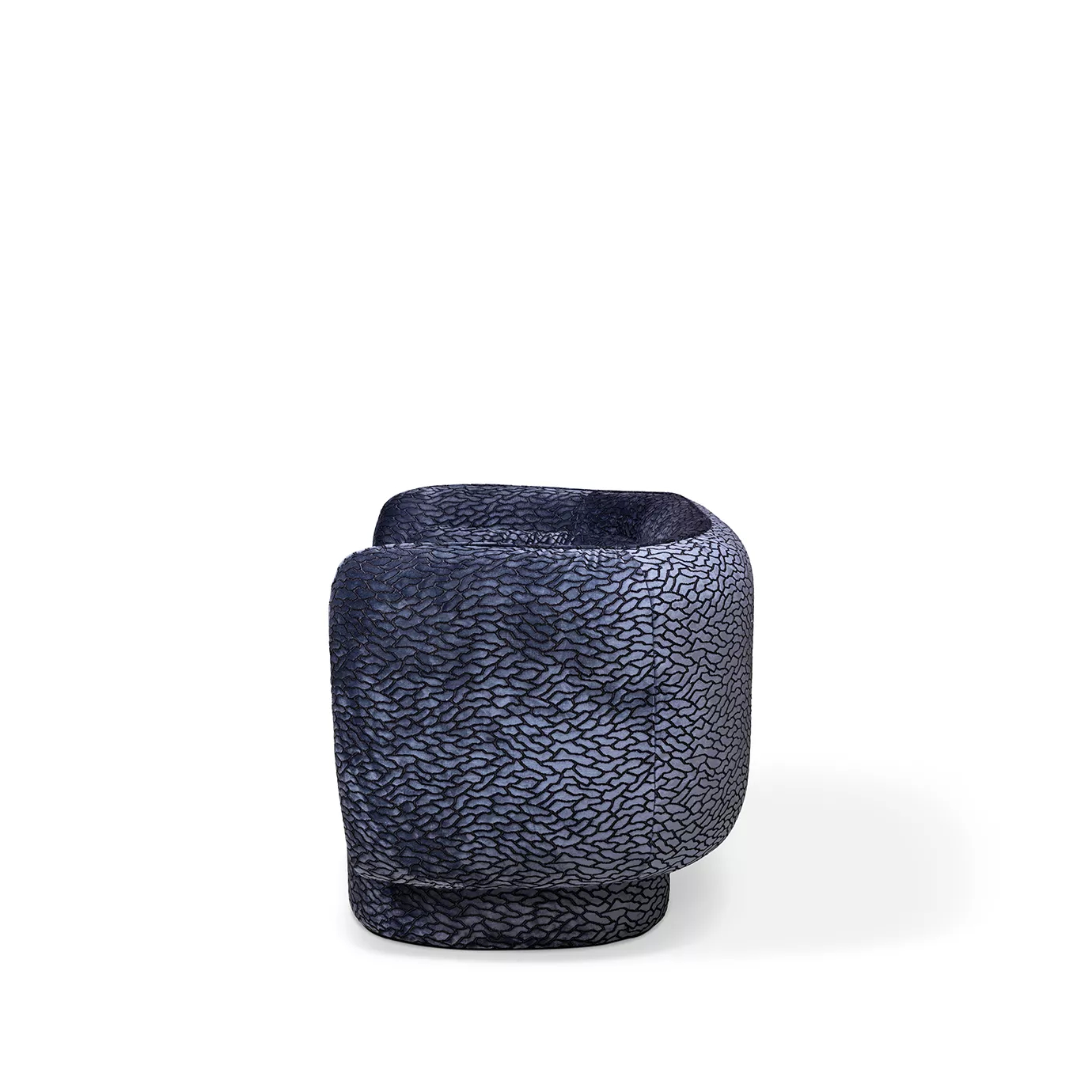 Side view of the Deb Loveseat showing its unique textured upholstery and the rounded form of its arm and back.