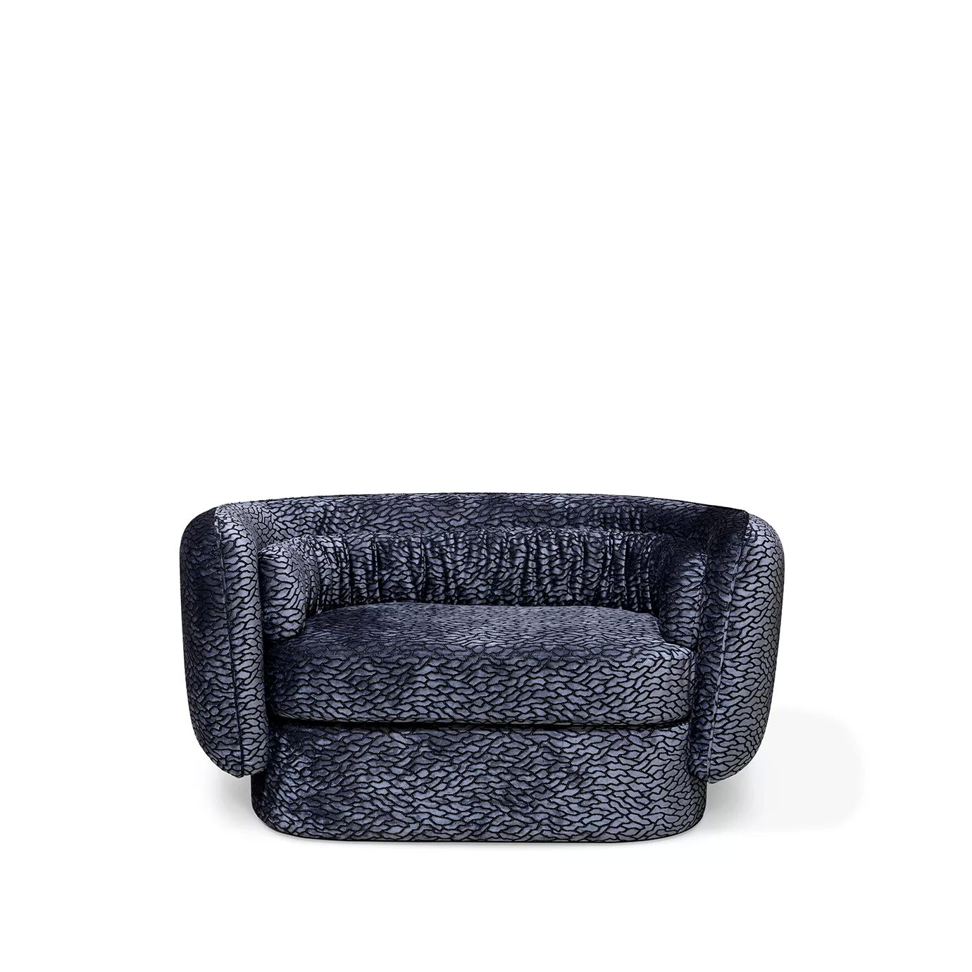 Front view of the Deb Loveseat featuring its unique textured upholstery and softly draped detailing along the top.